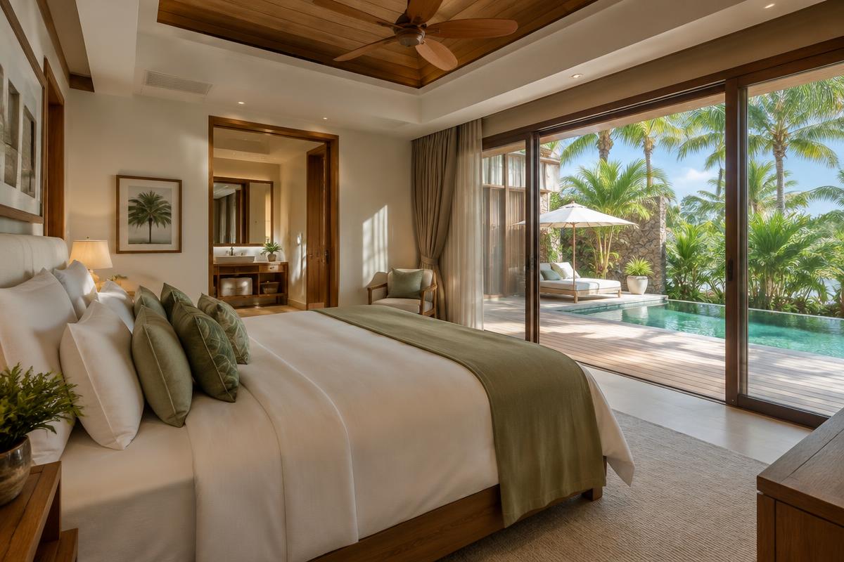 Villa primary suite opening to the pool deck