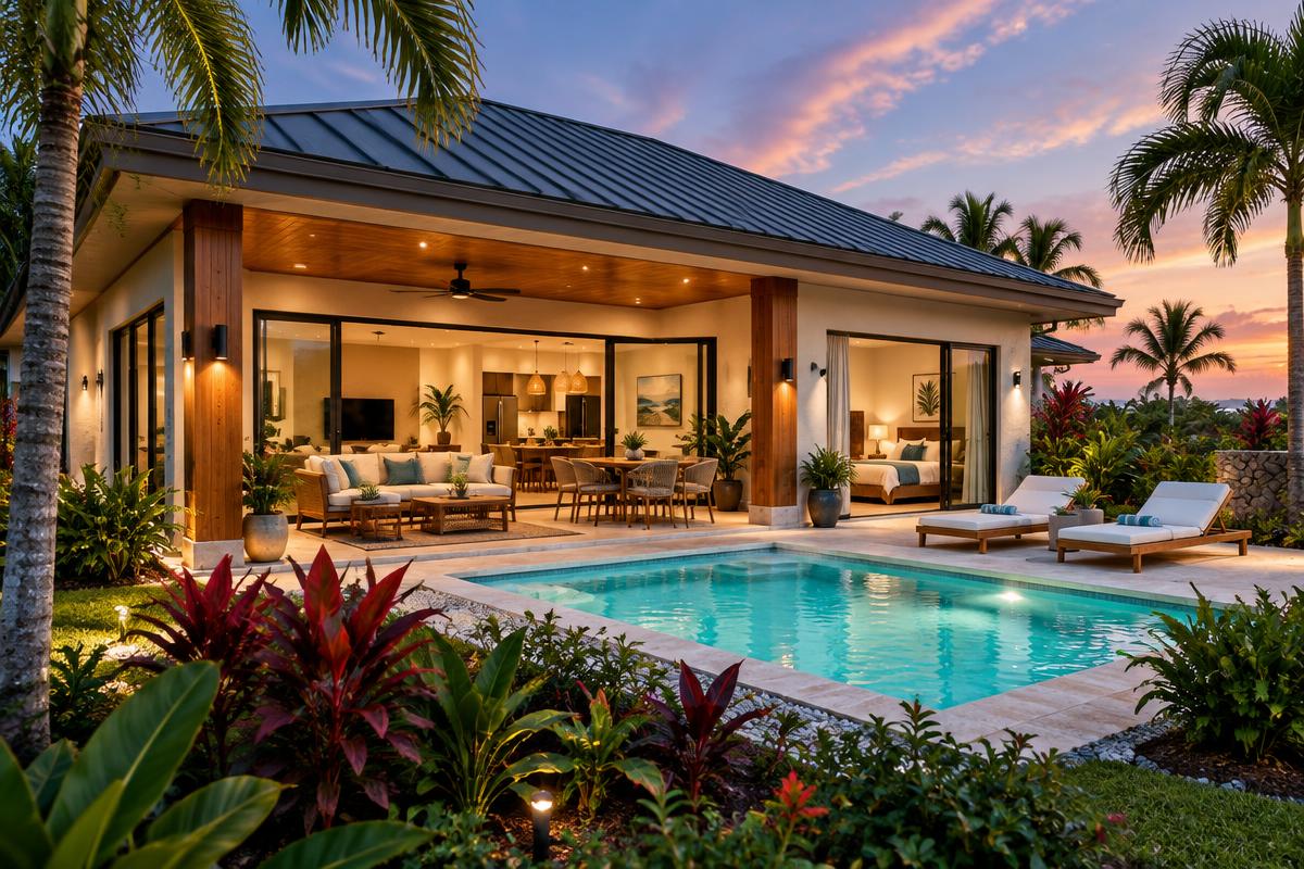 Two bedroom villa with pool terrace at dusk